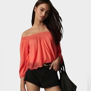 Abercrombie & Fitch Melon Orange Off The Shoulder Lace Hem Blouse